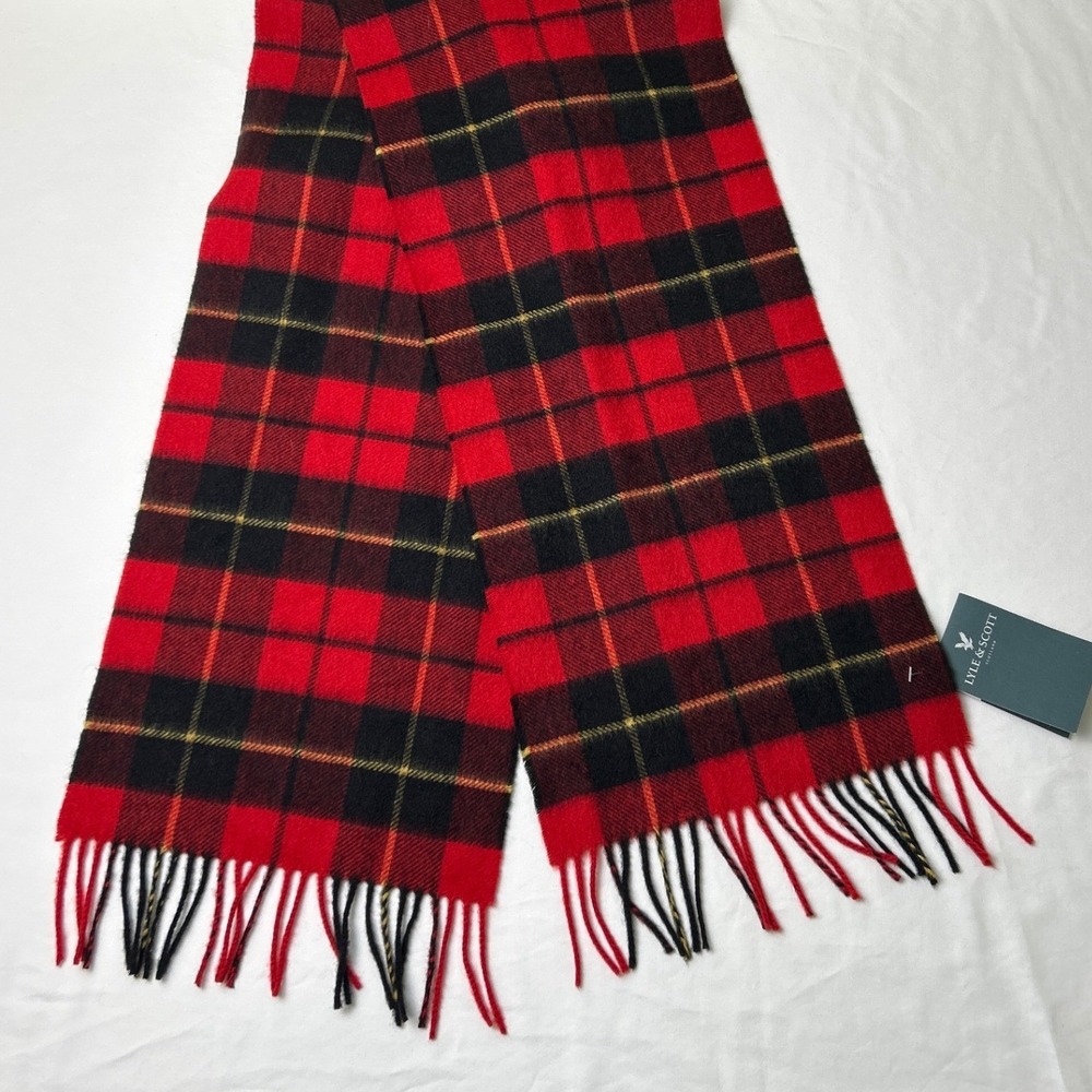 Lyle & Scott Unisex Tartan Plaid 100% Cashmere Fringed Scarf OS Red Black NEW